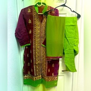 3 piece purple green suit.